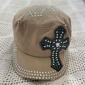 y2k Premium Womens Military Cadet‎ Hat Rhinestone Cross Bling One Size Tan